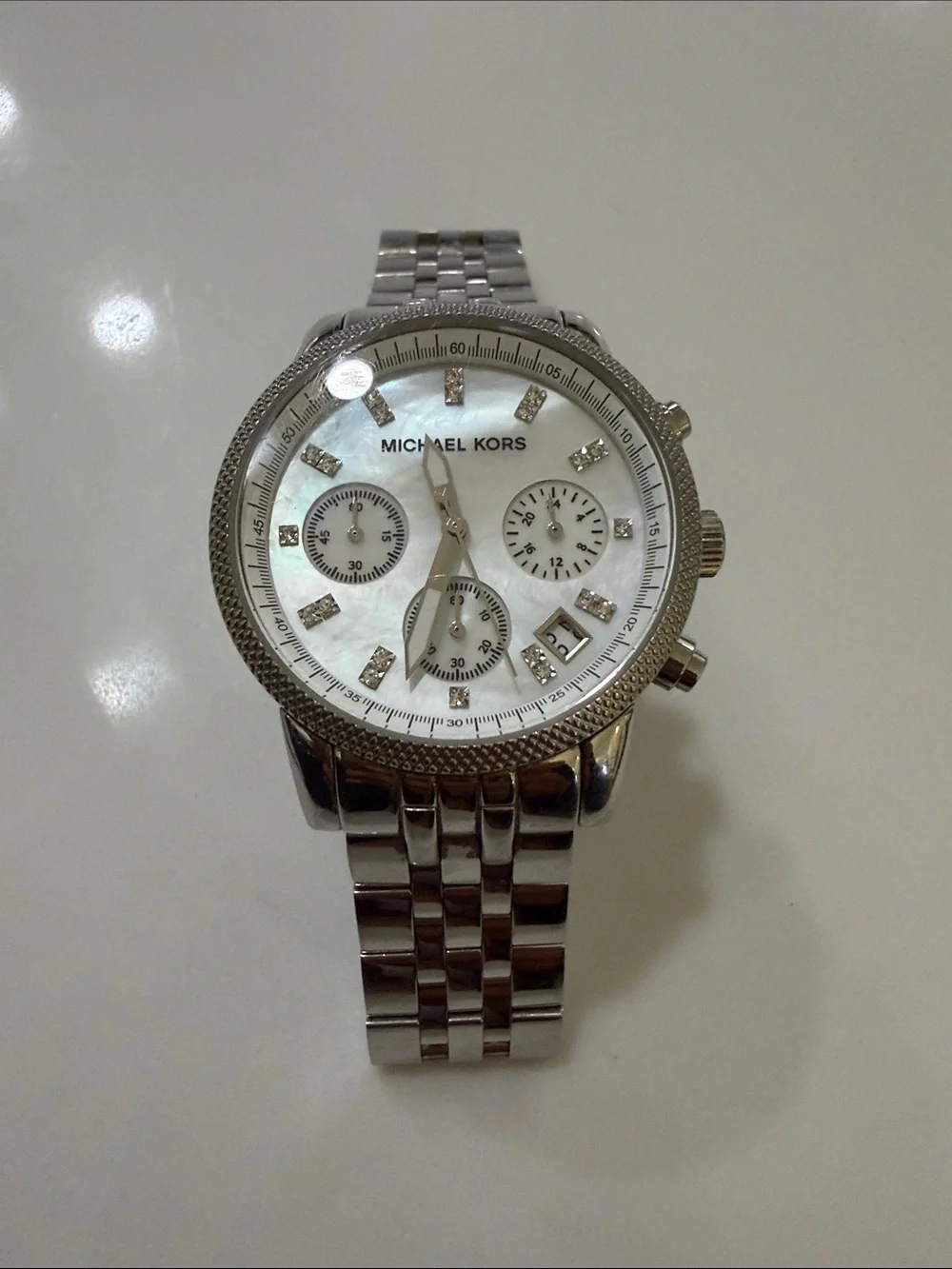 Michael Kors Silver Watch with Mother-of-Pearl Dial and Crystal Markers